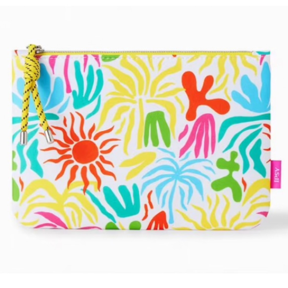 Ipsy bright summer sun makeup bag with yellow bungie cord zipper pull
